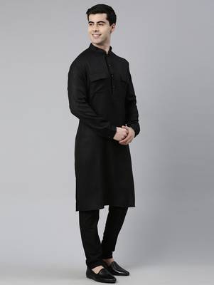 Black cotton pathani kurta pajama with patch pocket 4