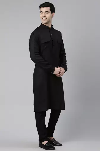 Black cotton pathani kurta pajama with patch pocket