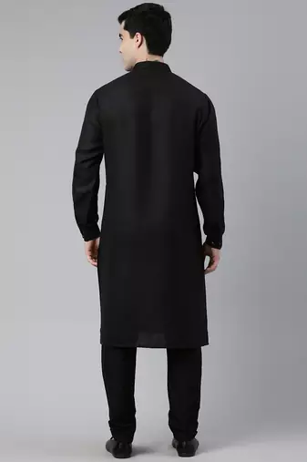 Black cotton pathani kurta pajama with patch pocket