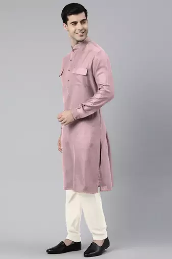 Old rose cotton pathani kurta pajama with patch pocket