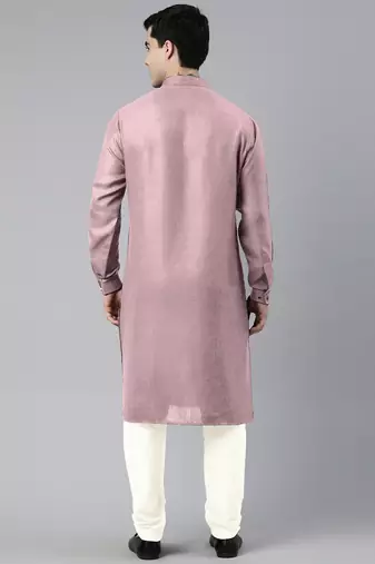Old rose cotton pathani kurta pajama with patch pocket