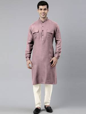 Old rose cotton pathani kurta pajama with patch pocket 5