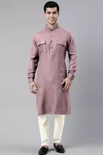 Old rose cotton pathani kurta pajama with patch pocket