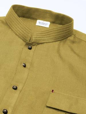 Greenish yellow cotton pathani kurta pajama with patch pocket 2