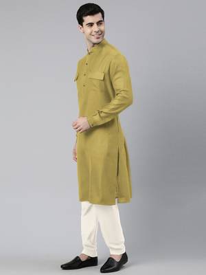 Greenish yellow cotton pathani kurta pajama with patch pocket 3