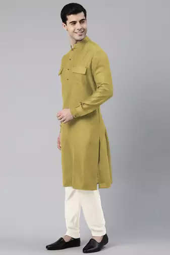 Greenish yellow cotton pathani kurta pajama with patch pocket