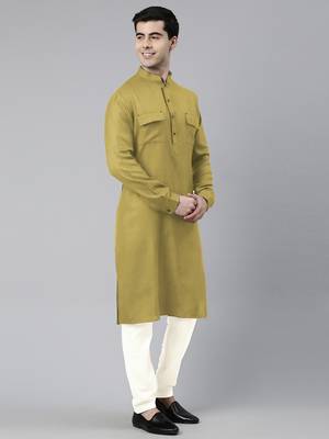 Greenish yellow cotton pathani kurta pajama with patch pocket 1