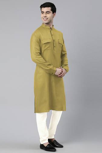 Greenish yellow cotton pathani kurta pajama with patch pocket