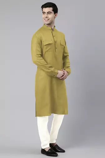 Greenish yellow cotton pathani kurta pajama with patch pocket