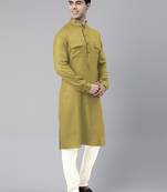 Greenish yellow cotton pathani kurta pajama with patch pocket