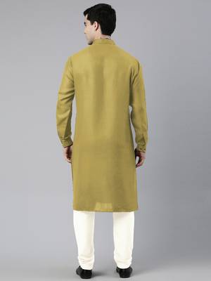 Greenish yellow cotton pathani kurta pajama with patch pocket 4