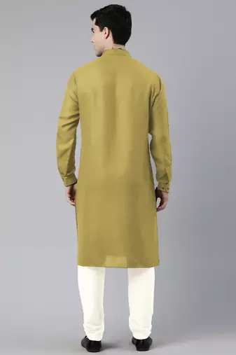 Greenish yellow cotton pathani kurta pajama with patch pocket
