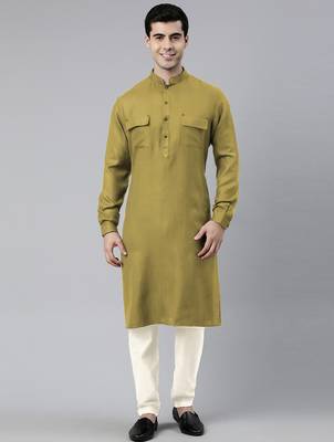 Greenish yellow cotton pathani kurta pajama with patch pocket 5