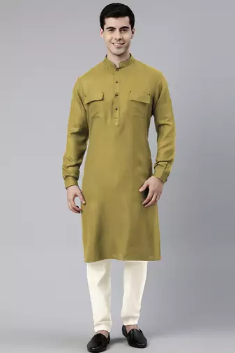 Greenish yellow cotton pathani kurta pajama with patch pocket