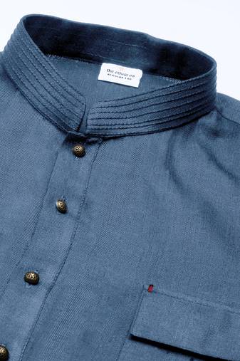 Denim blue cotton pathani kurta pajama with patch pocket