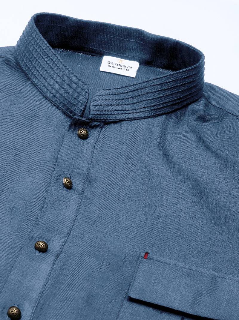 Denim blue cotton pathani kurta pajama with patch pocket