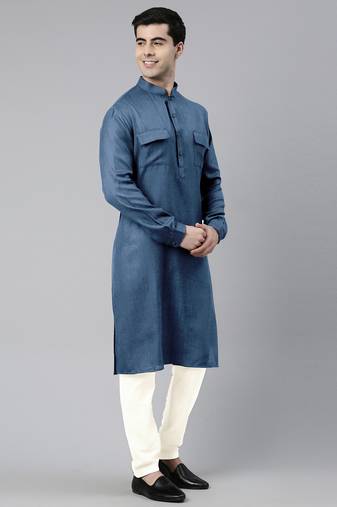 Denim blue cotton pathani kurta pajama with patch pocket