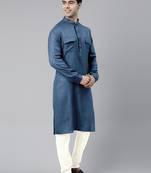 Denim blue cotton pathani kurta pajama with patch pocket