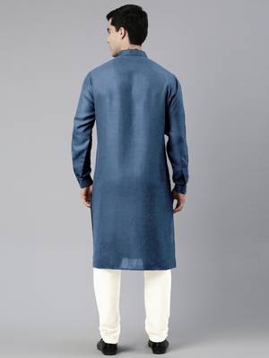 Denim blue cotton pathani kurta pajama with patch pocket 4