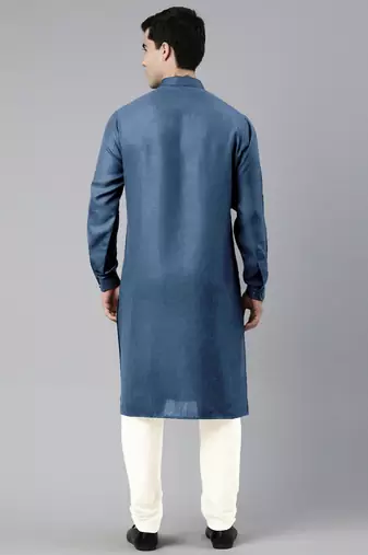 Denim blue cotton pathani kurta pajama with patch pocket