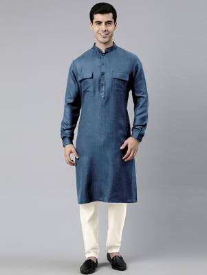 Denim blue cotton pathani kurta pajama with patch pocket 5
