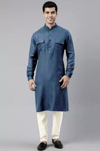 Denim blue cotton pathani kurta pajama with patch pocket