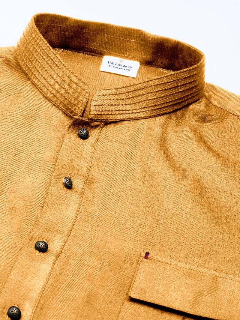 Mustard cotton pathani kurta pajama with patch pocket