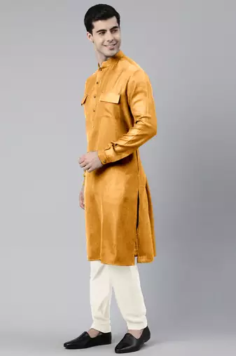 Mustard cotton pathani kurta pajama with patch pocket