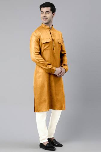 Mustard cotton pathani kurta pajama with patch pocket