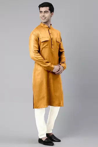 Mustard cotton pathani kurta pajama with patch pocket