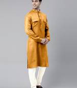 Mustard cotton pathani kurta pajama with patch pocket