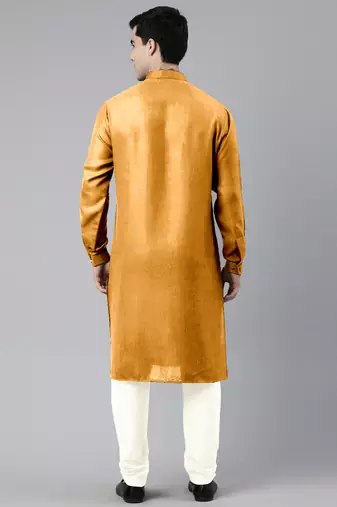 Mustard cotton pathani kurta pajama with patch pocket