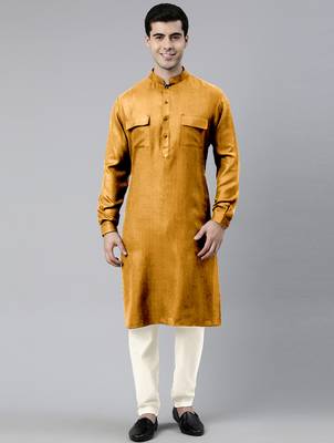 Mustard cotton pathani kurta pajama with patch pocket 5
