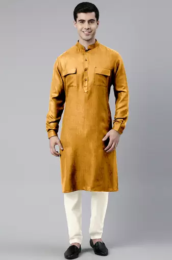 Mustard cotton pathani kurta pajama with patch pocket