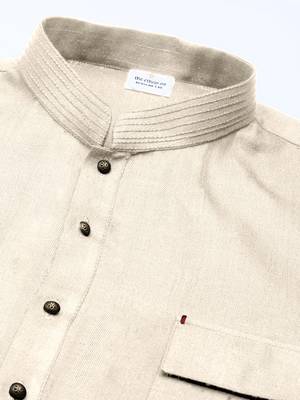 Cream cotton pathani kurta pajama with patch pocket 2