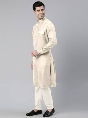 Cream cotton pathani kurta pajama with patch pocket 3