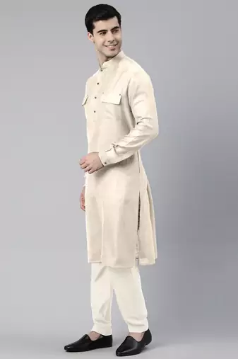 Cream cotton pathani kurta pajama with patch pocket