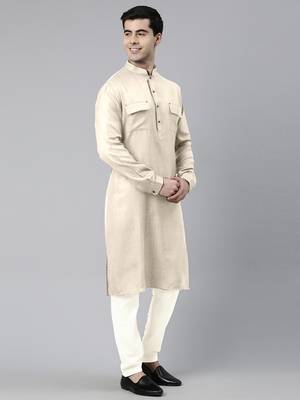 Cream cotton pathani kurta pajama with patch pocket 1