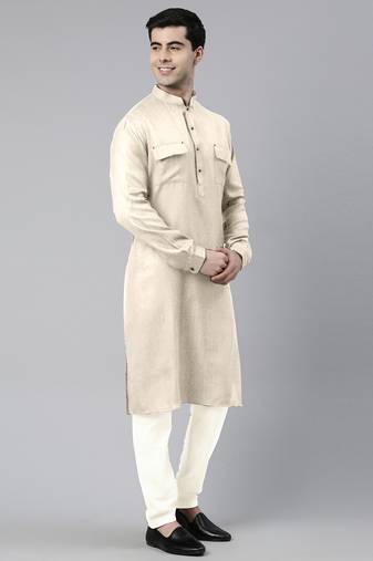 Cream cotton pathani kurta pajama with patch pocket