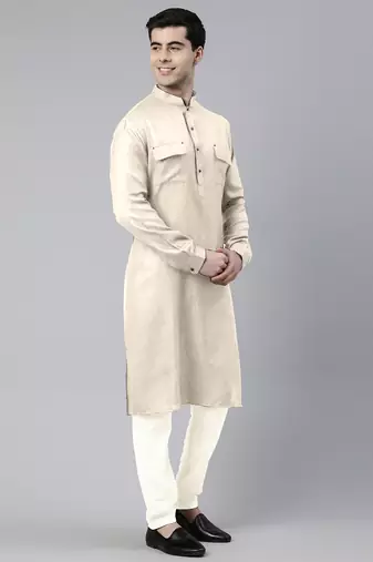 Cream cotton pathani kurta pajama with patch pocket