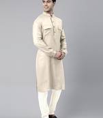 Cream cotton pathani kurta pajama with patch pocket