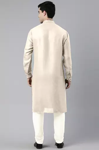 Cream cotton pathani kurta pajama with patch pocket