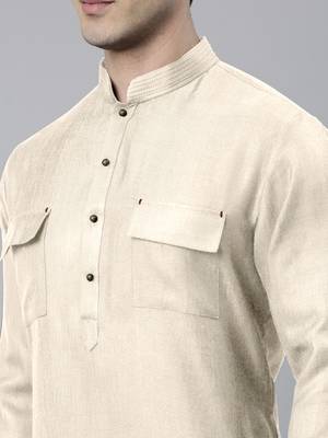 Cream cotton pathani kurta pajama with patch pocket 5