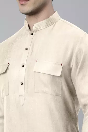 Cream cotton pathani kurta pajama with patch pocket