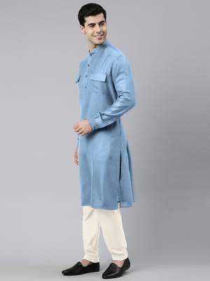 Light blue cotton pathani kurta pajama with patch pocket 3