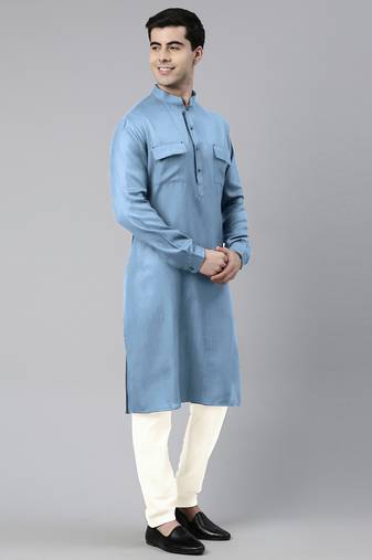 Light blue cotton pathani kurta pajama with patch pocket