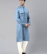 Light blue cotton pathani kurta pajama with patch pocket
