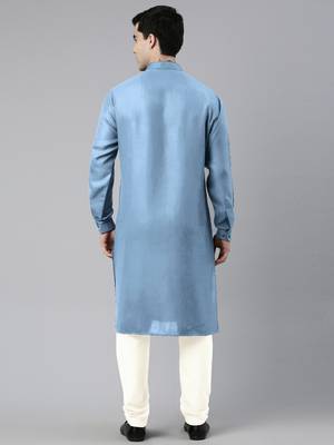 Light blue cotton pathani kurta pajama with patch pocket 4