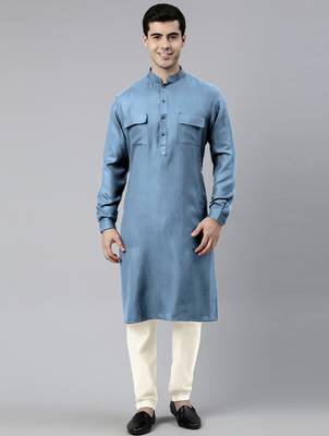 Light blue cotton pathani kurta pajama with patch pocket 5