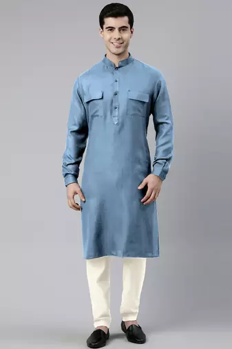 Light blue cotton pathani kurta pajama with patch pocket